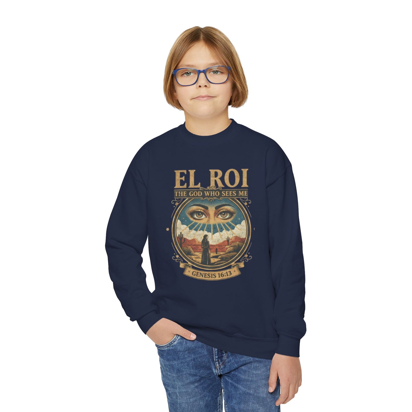 "El Roi: The God Who Sees Me" Genesis 16:13 Youth Crewneck Sweatshirt