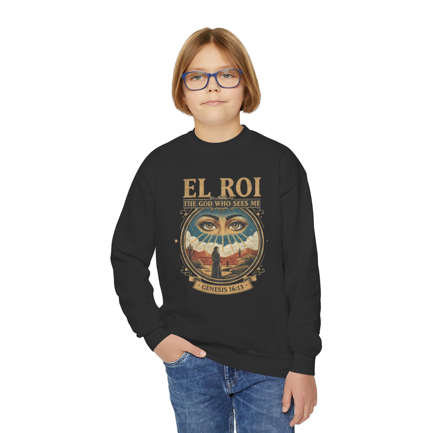 "El Roi: The God Who Sees Me" Genesis 16:13 Youth Crewneck Sweatshirt