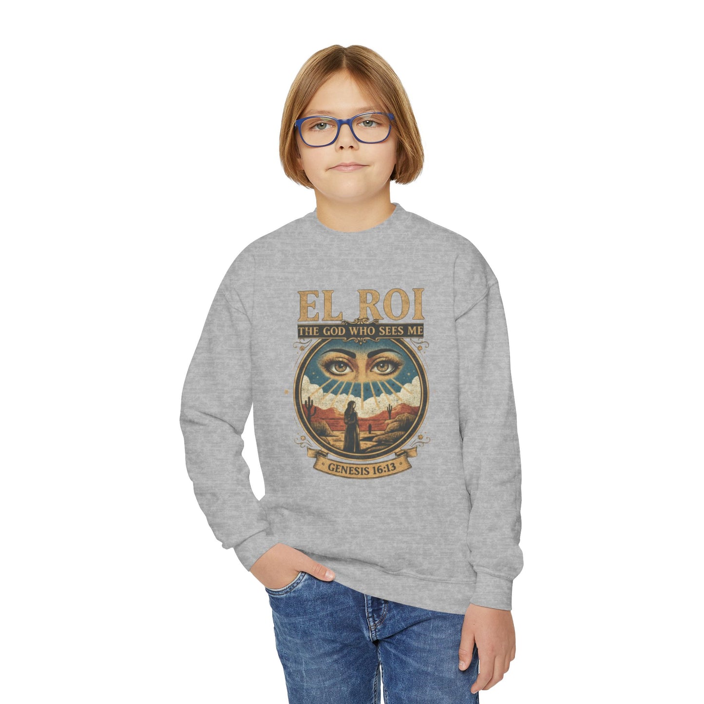 "El Roi: The God Who Sees Me" Genesis 16:13 Youth Crewneck Sweatshirt