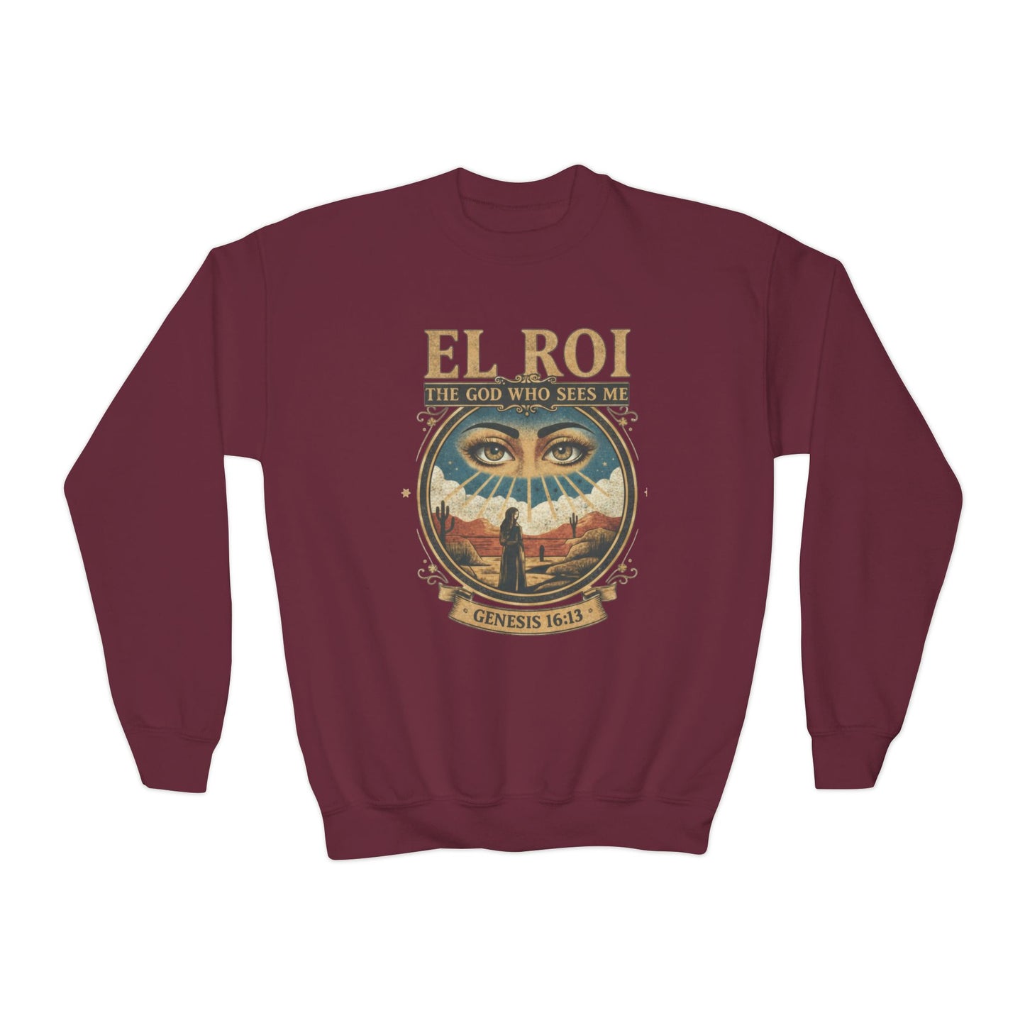 "El Roi: The God Who Sees Me" Genesis 16:13 Youth Crewneck Sweatshirt