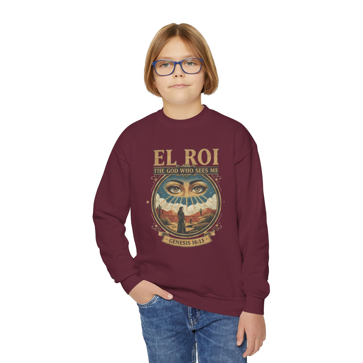 "El Roi: The God Who Sees Me" Genesis 16:13 Youth Crewneck Sweatshirt