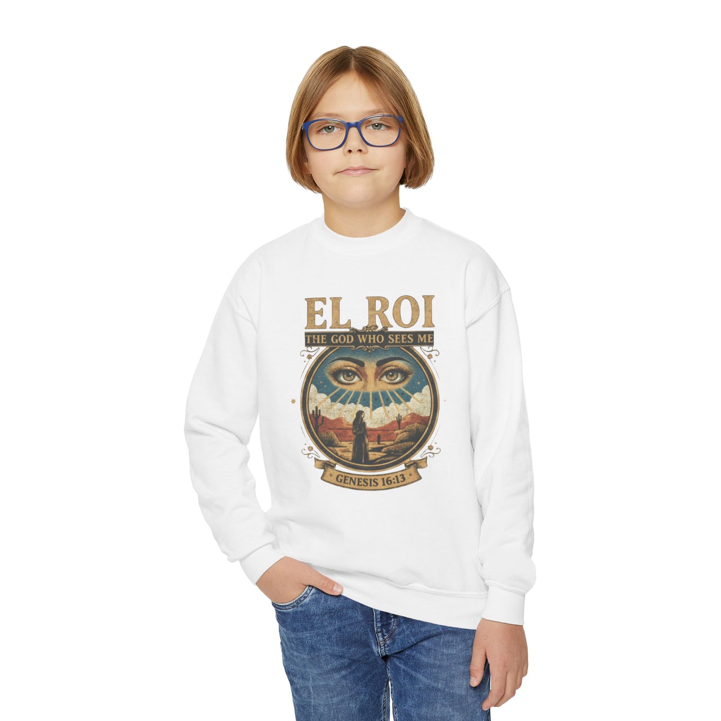 "El Roi: The God Who Sees Me" Genesis 16:13 Youth Crewneck Sweatshirt