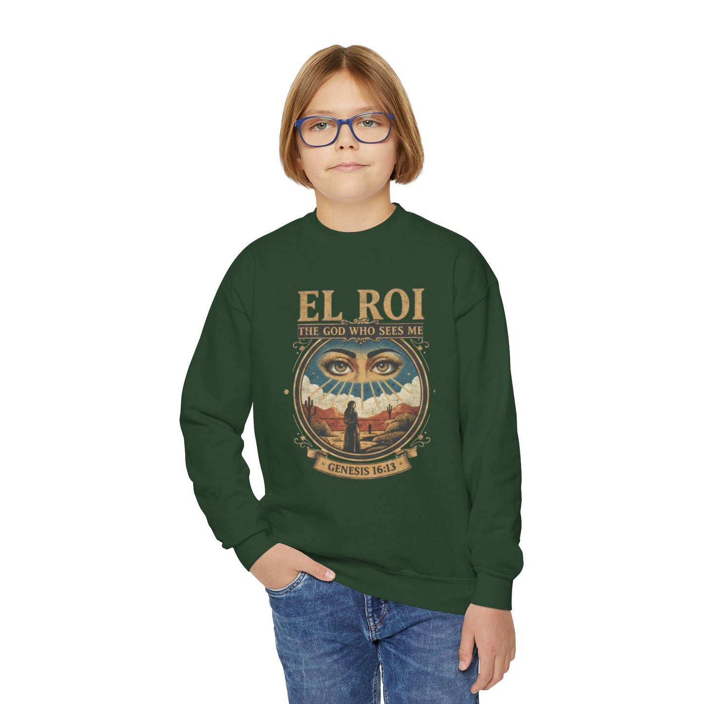 "El Roi: The God Who Sees Me" Genesis 16:13 Youth Crewneck Sweatshirt